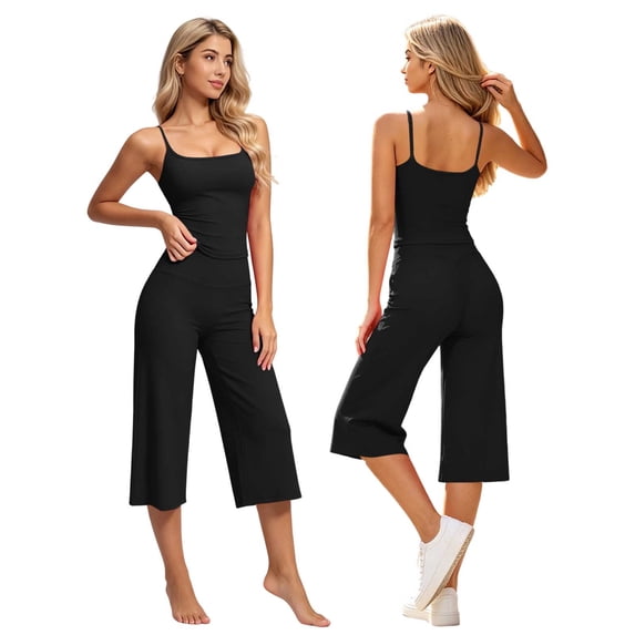 Bosfbaoi Two Piece Sets for Women Adjustable Spaghetti Strap Cami Tops High Waist Wide Leg Capri Pants Casual Loungewear Sets