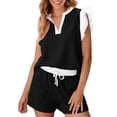thumbnail image 1 of Bosfbaoi Two Piece Sets for Women Contrast Trim Ruffle Cap Sleev V-Neck Top Drawstring Shorts Vacation Matching Set Summer Outfits, 1 of 9