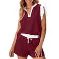 thumbnail image 1 of Bosfbaoi Two Piece Sets for Women Contrast Trim Ruffle Cap Sleev V-Neck Top Drawstring Shorts Vacation Matching Set Summer Outfits, 1 of 9