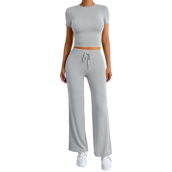 Bosfbaoi Two Piece Sets for Women Crew Neck Short Sleeve Crop Top and Drawstring Elastic Waist Straight Leg Pants Casual Womens Summer Outfits