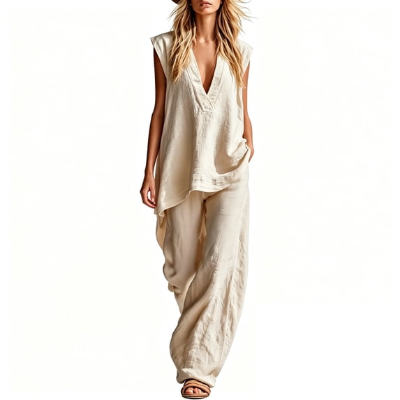 Bosfbaoi Two Piece Sets for Women Linen Blend Modern Fit Outfit Set Deep V-Neck Cap Sleeve Tops Wide Leg Pants Matching Sets Women Clothing
