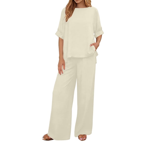 Bosfbaoi Two Piece Sets for Women Linen Blend Relaxed Fit Outfit Set Short-sleeved Top Wide Leg Pants Vacation Matching Set Summer Outfits