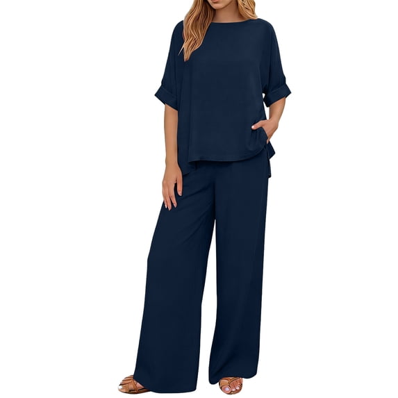 Bosfbaoi Two Piece Sets for Women Linen Blend Relaxed Fit Outfit Set Short-sleeved Top Wide Leg Pants Vacation Matching Set Summer Outfits
