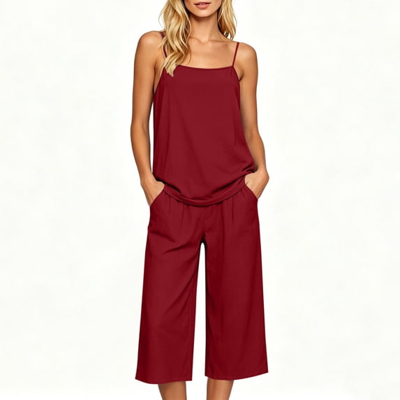 Bosfbaoi Two Piece Sets for Women Relaxed Fit Casual Outfit Set Adjustable Spaghetti Strap Cami Tops Wide Leg Cropped Pants Pajama Set