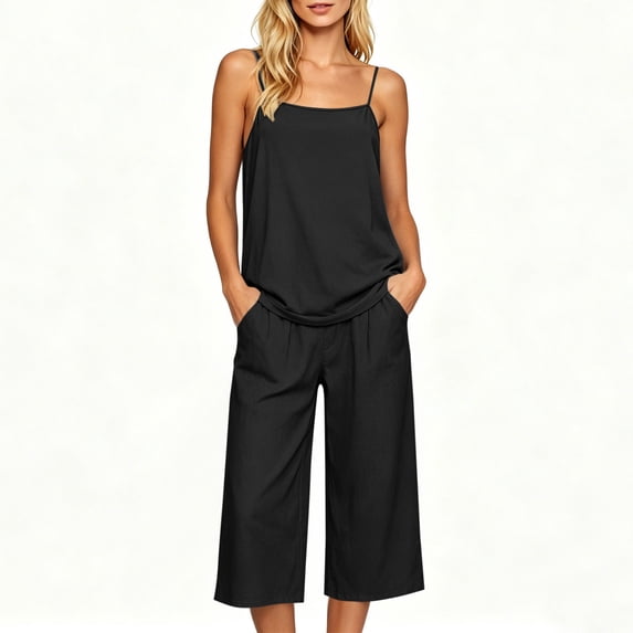 Bosfbaoi Two Piece Sets for Women Relaxed Fit Casual Outfit Set Adjustable Spaghetti Strap Cami Tops Wide Leg Cropped Pants Pajama Set