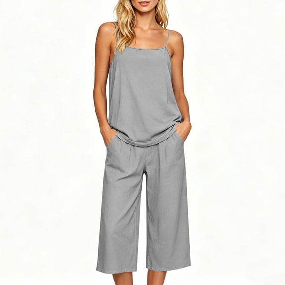 Bosfbaoi Two Piece Sets for Women Relaxed Fit Casual Outfit Set Adjustable Spaghetti Strap Cami Tops Wide Leg Cropped Pants Pajama Set