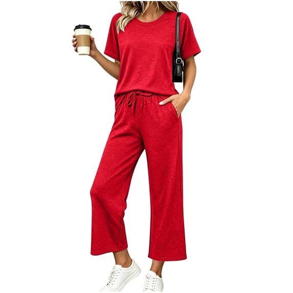 Bosfbaoi Two Piece Sets for Women Short Sleeve Crew Neck T‑Shirt High Waist Drawstring Wide Leg Pants Casual Loungewear Sets