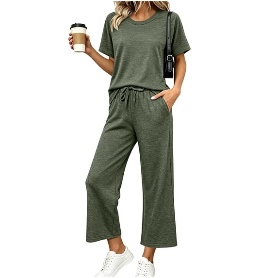 Bosfbaoi Two Piece Sets for Women Short Sleeve Crew Neck T‑Shirt High Waist Drawstring Wide Leg Pants Casual Loungewear Sets