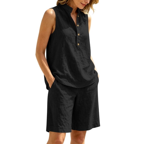 Bosfbaoi Two Piece Sets for Women Stand Collar Henley Sleeveless Top and Elastic Waist Linen-Look Bermuda Shorts Casual Womens Summer Outfits