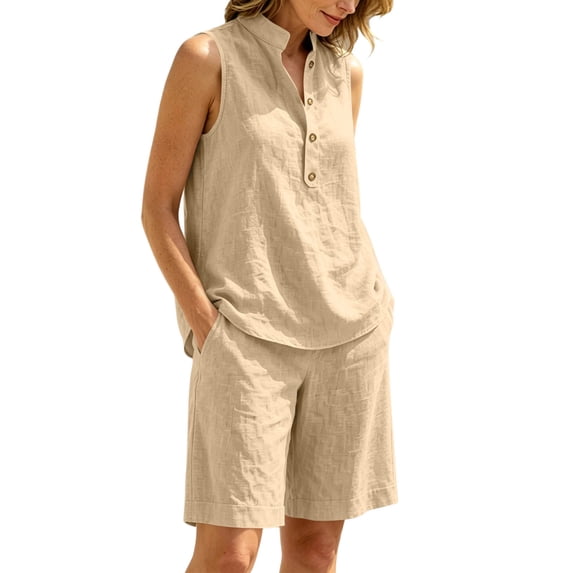Bosfbaoi Two Piece Sets for Women Stand Collar Henley Sleeveless Top and Elastic Waist Linen-Look Bermuda Shorts Casual Womens Summer Outfits