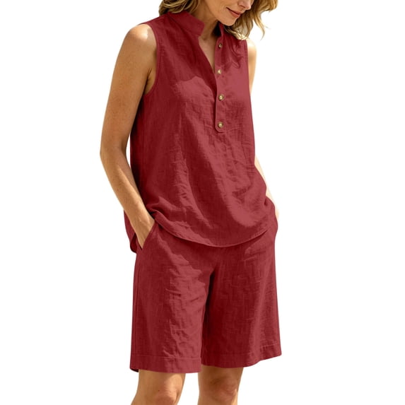 Bosfbaoi Two Piece Sets for Women Stand Collar Henley Sleeveless Top and Elastic Waist Linen-Look Bermuda Shorts Casual Womens Summer Outfits