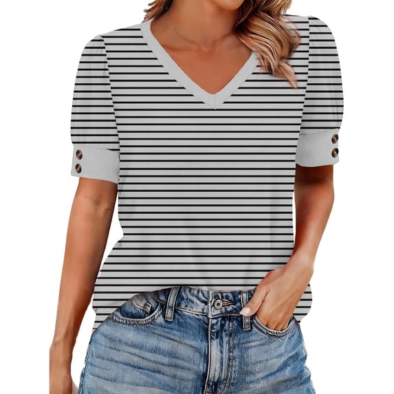 Bosfbaoi V Neck T Shirts For Women Striped Printed Button Short-Sleeved Top Summer Casual Shirt