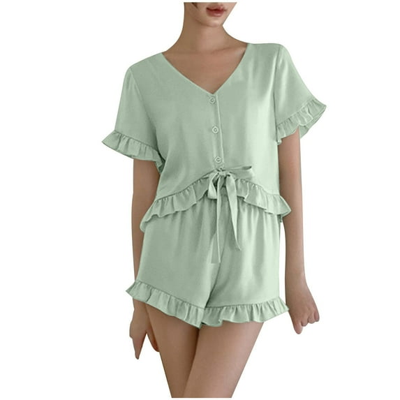 Bosfbaoi Woman Pajama Set Short Sleeve V Neck Pjs Set 2Pcs Short Pajamas Button Down Ruffle Hem Sleepwear Soft Modal Loungewear