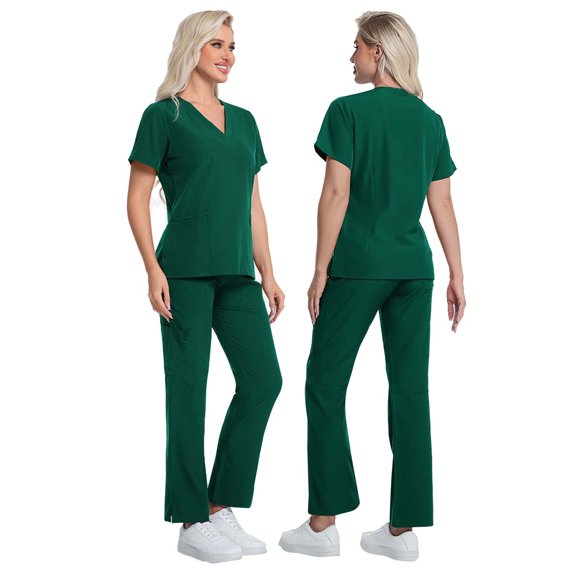 Bosfbaoi Women Nursing Uniform Sets 2 Piece Scrub Set V-Neck Short Sleeve Top Straight Leg Pants Multi-pocket Medical Uniform Sets