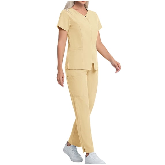Bosfbaoi Women Nursing Uniform Sets 2 Piece Scrub Set Zip Front V-Neck Short Sleeve Top Straight Leg Pants Multi-pocket Medical Uniform Set
