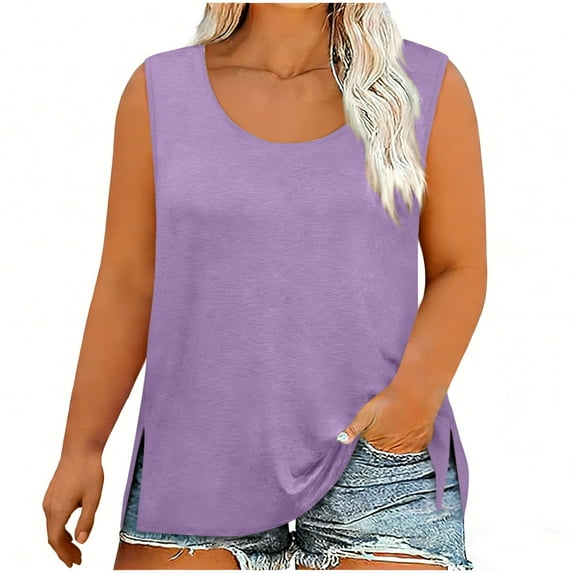 Bosfbaoi Women Plus Size Tank Tops Summer Slit Sleeveless Top Solid ...