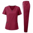 thumbnail image 1 of Bosfbaoi Women's 2 Piece Scrub Set Nursing Uniform Sets Contrast V-Neck Short Sleeve Top Drawstring Waist Straight Leg Pants Multi-pocket Medical Uniform, 1 of 3