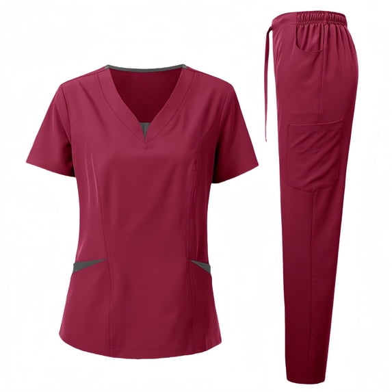 Bosfbaoi Women's 2 Piece Scrub Set Nursing Uniform Sets Contrast V-Neck Short Sleeve Top Drawstring Waist Straight Leg Pants Multi-pocket Medical Uniform