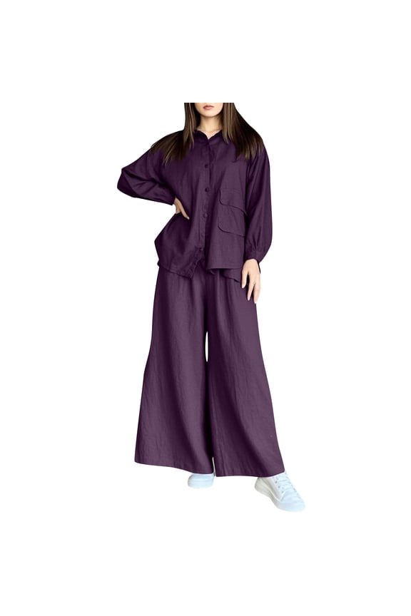 Women's Button-Down Outfits- Long Sleeve Loose Fit Shirt and Wide Leg Palazzo Pants Set - Stylish Casual Wear for Everyday Comfort