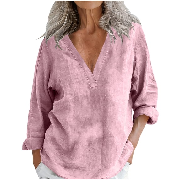 Bosfbaoi Women's Casual Cotton Linen Tops, V Neck Roll Up Long Sleeve Loose Blouses, Lightweight Breathable Summer Shirts for Office Vacation Daily Wear