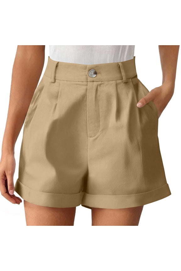 Women's Chino Shorts High Waist Pleated Shorts Summer Cuffed Hem Casual Shorts with Pockets
