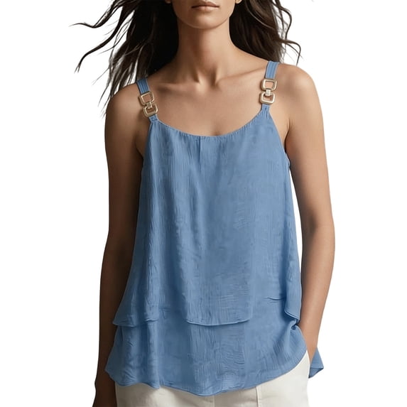 Bosfbaoi Women's Double Layer Cami Tank Tops with Square Buckle Straps Flowy Casual Blouses, Sizes S-5XL