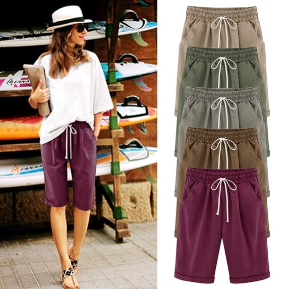 Bosfbaoi Women's Elastic Waist Summer Athletic Shorts Soft Knit Jersey Knee Length Bermuda Shorts with Drawstring