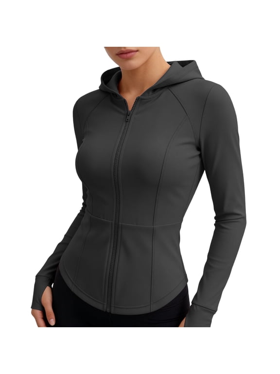 Women's Hooded Full Zip Long Sleeve Athletic Jacket, Slim Fit Stretchy Breathable Workout Top, Curved Hem Thumbhole Outerwear for Yoga Gym Daily