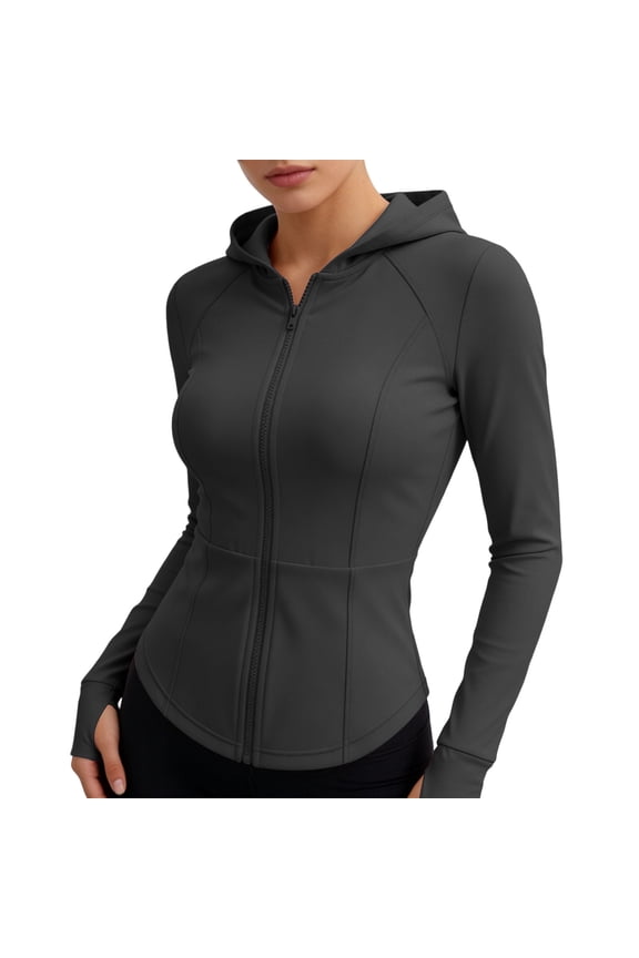 Women's Hooded Full Zip Long Sleeve Athletic Jacket, Slim Fit Stretchy Breathable Workout Top, Curved Hem Thumbhole Outerwear for Yoga Gym Daily