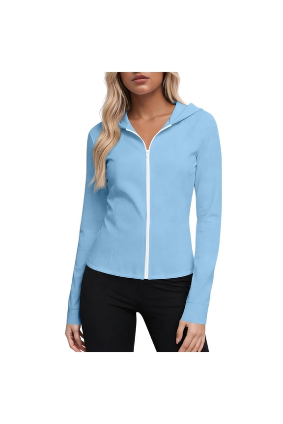Women's Hooded Full Zip Long Sleeve Athletic Jacket, Soft Lightweight Stretchy Compression Top, Slim Fit Casual Outerwear for Running Hiking Outdoor
