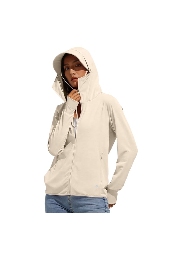 Women's Hooded Full Zip Long Sleeve Sun Protection Jacket, Ultra-Lightweight Breathable Quick Dry Outerwear, Mask Integrated Thumbhole Coat for Outdoor Hiking Daily