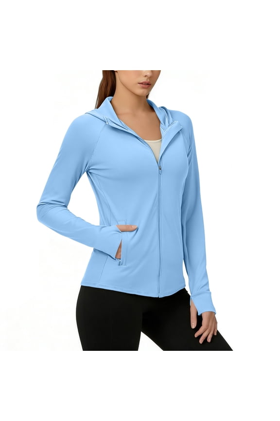 Women's Hooded Full Zip Sun Protection Jacket, Lightweight Quick Dry Breathable UV Protection Top, Thumbhole Zipper Pocket Sun Shirt for Outdoor Running Hiking