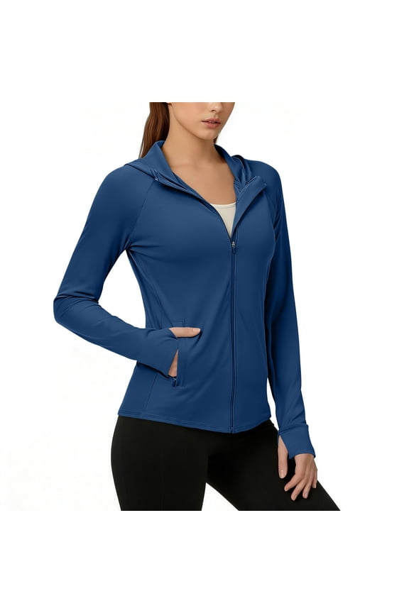 Women's Hooded Full Zip Sun Protection Jacket, Lightweight Quick Dry Breathable UV Protection Top, Thumbhole Zipper Pocket Sun Shirt for Outdoor Running Hiking