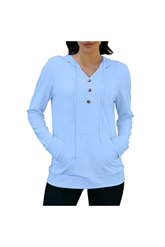 Women's Hooded Half Button Long Sleeve Pullover Top, Soft Lightweight Breathable Casual Shirt, Kangaroo Pocket Drawstring Blouse for Daily Wear Outdoor