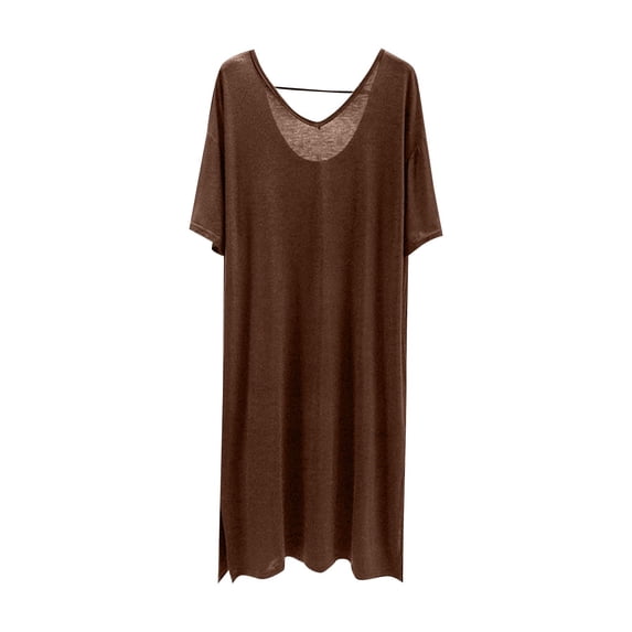 Bosfbaoi Women's Nightgown Solid Color Oversized Nightgown Deep V-Back Short Sleeve Curved Hem Casual Sleep Dress