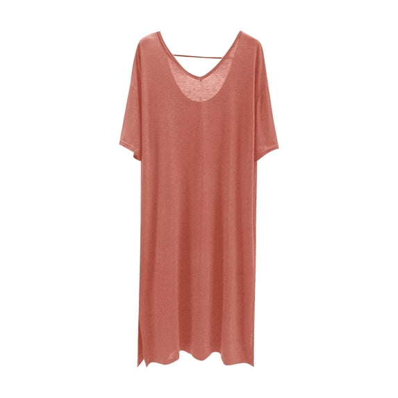 Bosfbaoi Women's Nightgown Solid Color Oversized Nightgown Deep V-Back Short Sleeve Curved Hem Casual Sleep Dress