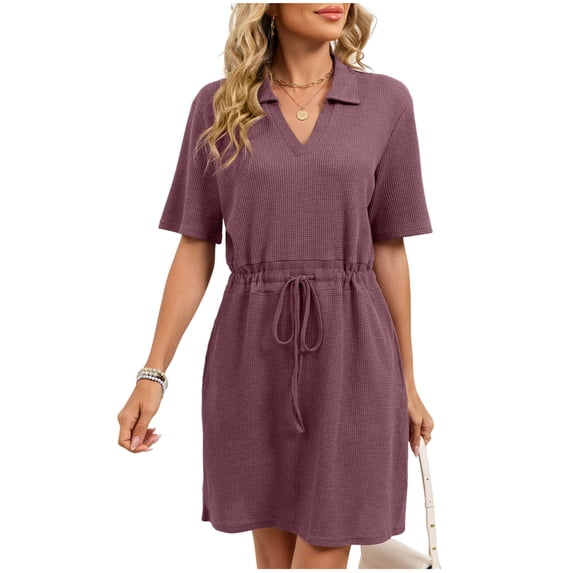 Bosfbaoi Women's Nightgown Waffle Knit Short Sleeve Nightgown Polo Neck Drawstring Waist Casual Sleep Dress