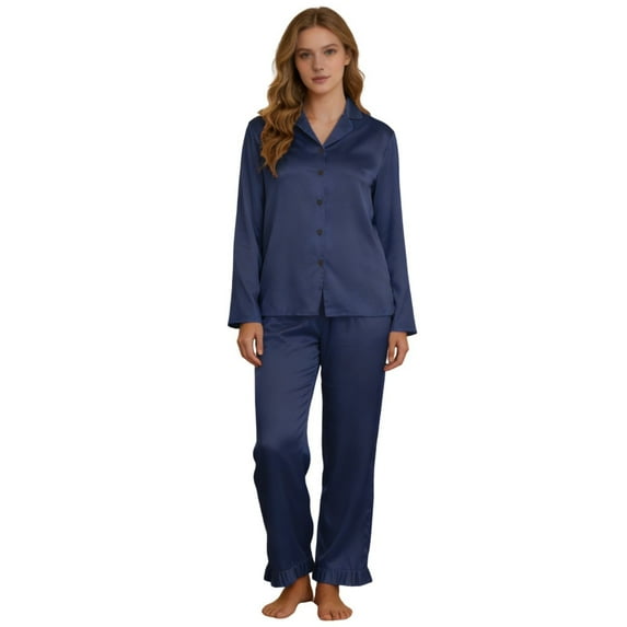 Bosfbaoi Women's Pajama Sets Solid Color Satin-like Pajama Set Lapel Button Long Sleeved Top Long Pants At Home Pajama Set
