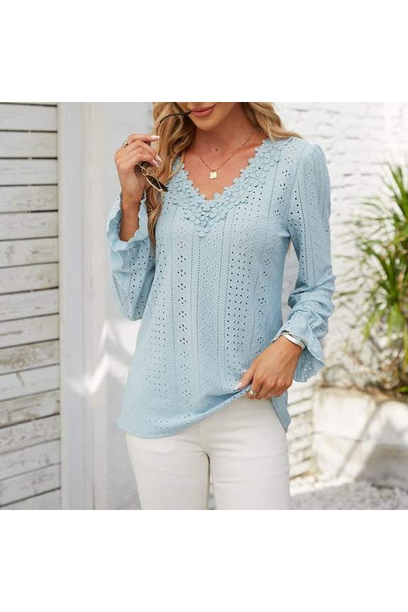 Women's Pastel Blue Sweater - Floral Lace V-Neck Long Sleeve Stretchy Material Shirts, Casual Relaxed Fit Knitwear Top