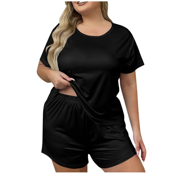 Bosfbaoi Women's Plus Size Pajama Set Loose Fit Crew Neck At Home Pajama Set Solid Color Short Sleeves Top Elastic Waist Shorts Pajama Set
