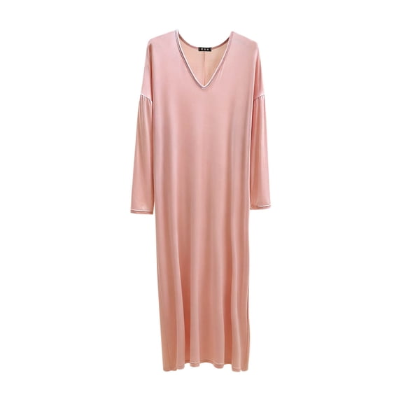 Bosfbaoi Women's Plus Size Pajamas Solid Color Long Sleeve Nightgown V-Neck Dropped Shoulder Maxi Casual Sleep Dress