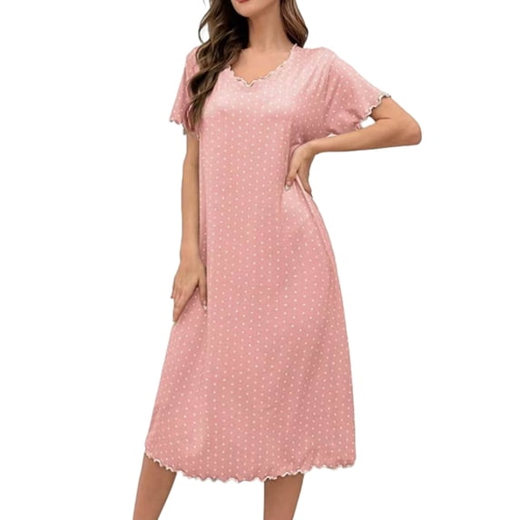 Bosfbaoi Women's Polka Dot Nightgown V-Neck Scalloped Trim Short Sleeve Pajamas Casual Sleep Dress
