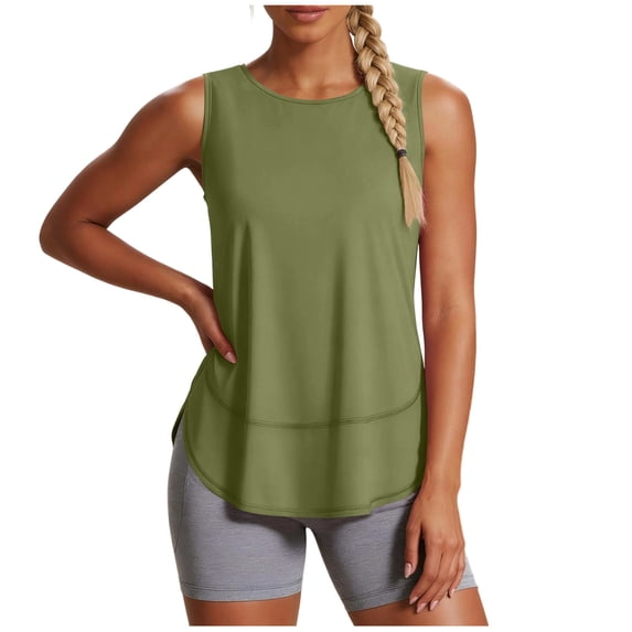 Bosfbaoi Women's Round Neck Athletic Tank Tops, Side Split Hem Workout Shirts, Quick Dry Breathable Gym Tops for Yoga and Running