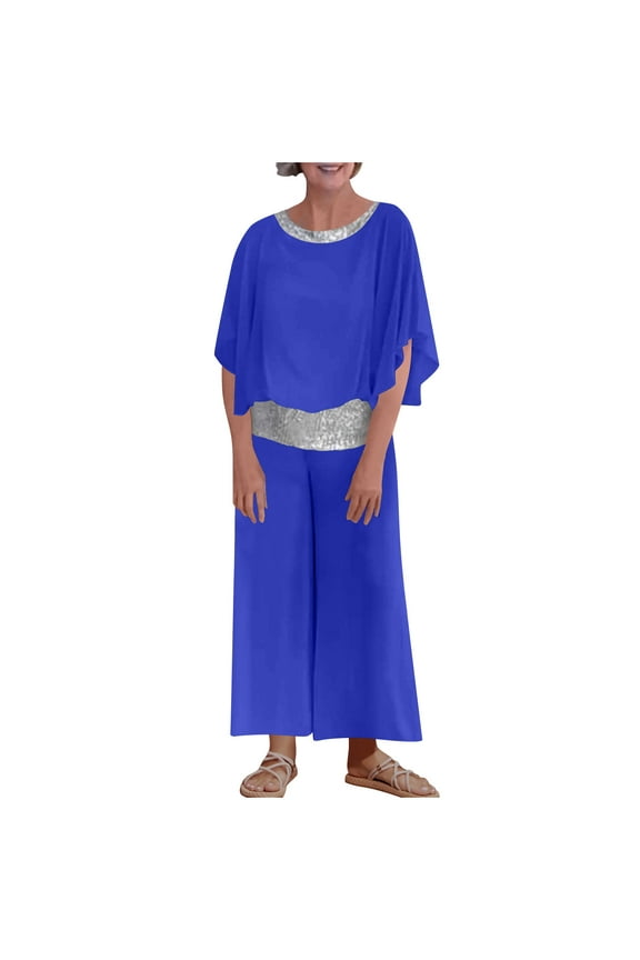 Women's Sequined Waist Two-Piece Set - 3/4 Sleeve Loose Fit Top and Wide Leg Pants - Elegant Party and Casual Wear for Women