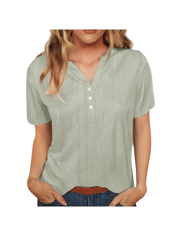 Women's Short Sleeve Shirts Henley Dressy Casual Summer Tops 2026 Spring Fashion Trendy Cute T-Shirts
