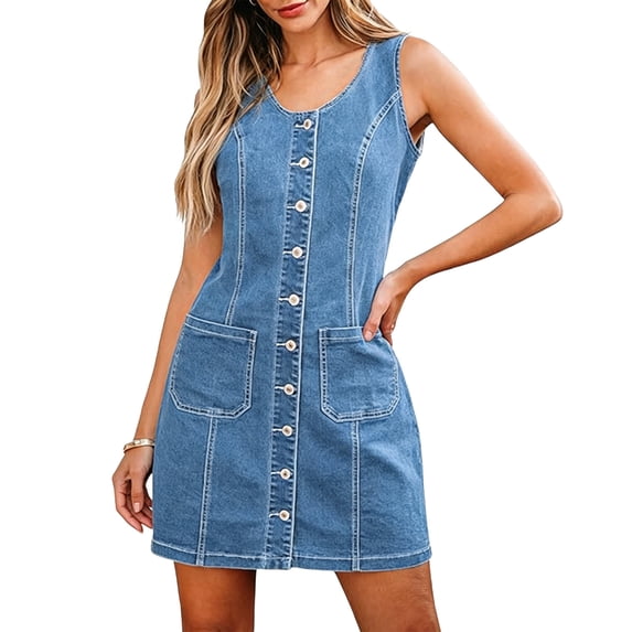 Bosfbaoi Women's Sleeveless Denim Mini Dress, Button Front A-Line Jean Dress with Pockets, Casual Slim Fit Sleeveless Denim Dress for Daily Wear