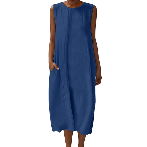 Bosfbaoi Women's Sleeveless Midi Dress, Loose Fit Casual Sundress with Pockets, Soft Breathable Solid Color Round Neck Tank Dress for Daily Summer Wear