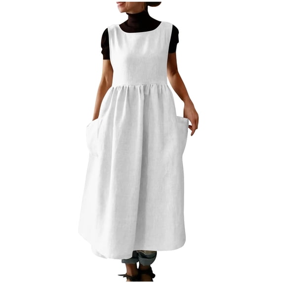 Bosfbaoi Women's Sleeveless Pinafore Dress, Linen Blend Tie Waist Apron Dress with Pockets, Lightweight Breathable Casual Dress for Daily Kitchen