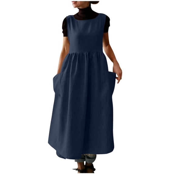 Bosfbaoi Women's Sleeveless Pinafore Dress, Linen Blend Tie Waist Apron Dress with Pockets, Lightweight Breathable Casual Dress for Daily Kitchen