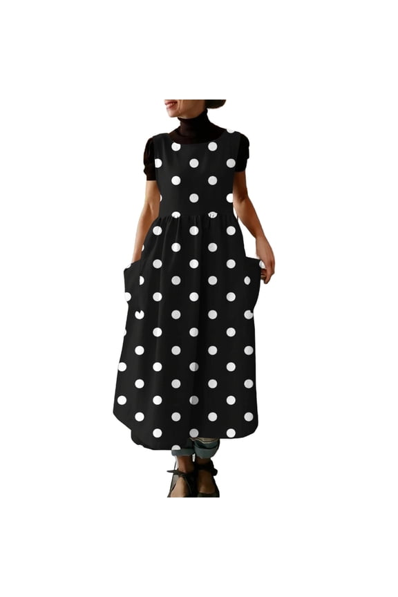 Women's Sleeveless Polka Dot Maxi Dress, Pinafore Style Loose Fit Dress with Pockets, Soft Breathable Casual Sundress for Daily Wear